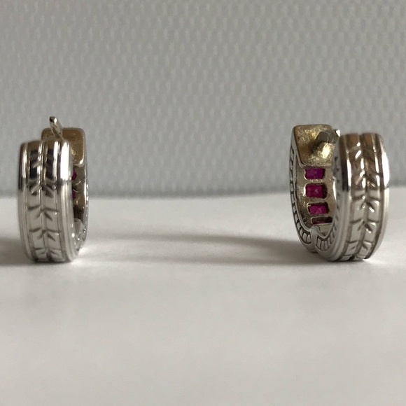 RUBY HOOP EARRINGS 14k White Gold Huggie Style Hoop Earrings July Birthstone - Picture 8 of 14